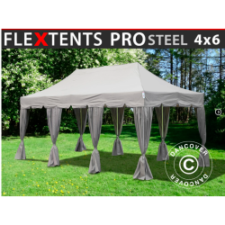 Flextents PRO Steel 4x6m "Peaked" inkl. 8st dekorativa hrngardiner, Latte