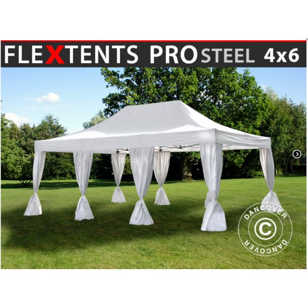 Flextents PRO Steel 4x6m inkl. 8st dekorativa hrngardiner