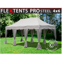 Flextents PRO Steel 4x6m "Peaked" inkl. 8st dekorativa hrngardiner, Latte