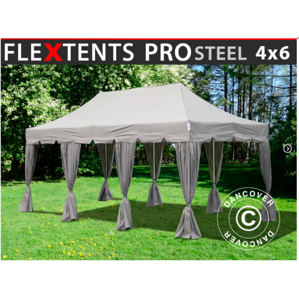 Flextents PRO Steel 4x6m "Peaked" inkl. 8st dekorativa hrngardiner, Latte