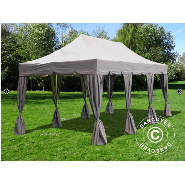 Flextents PRO Steel 4x6m "Peaked" inkl. 8st dekorativa hrngardiner, Latte