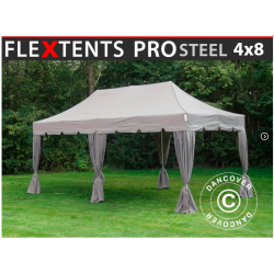 Flextents PRO Steel 4x8m "Peaked" inkl. 6st dekorativa hrngardiner, Latte