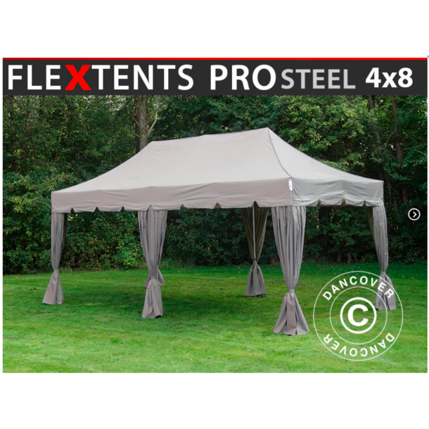 Flextents PRO Steel 4x8m "Peaked" inkl. 6st dekorativa hrngardiner, Latte