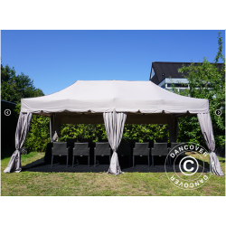 Flextents PRO Steel 4x8m "Peaked" inkl. 6st dekorativa hrngardiner, Latte