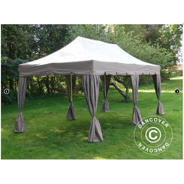 Flextents PRO Steel 4x8m "Peaked" inkl. 6st dekorativa hrngardiner, Latte