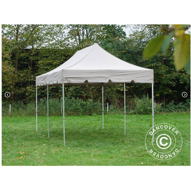 Flextents PRO Steel 4x8m "Peaked" inkl. 6st dekorativa hrngardiner, Latte