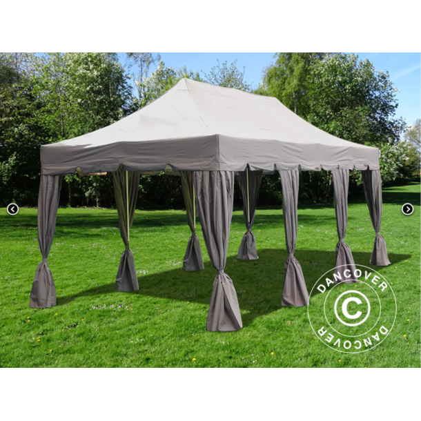 Flextents PRO 4x6m "Peaked" inkl. 8st sidor &amp; 8st dekorativa hrngardiner, Latte