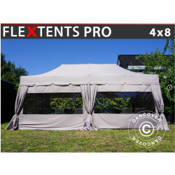 Flextents PRO 4x8m "Peaked" inkl. 6st sidor &amp; 6st dekorativa hrngardiner, Latte
