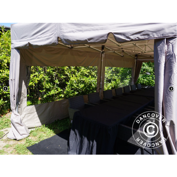 Flextents PRO 4x8m "Peaked" inkl. 6st sidor &amp; 6st dekorativa hrngardiner, Latte