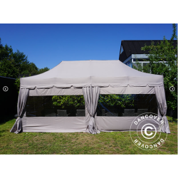 Flextents PRO 4x8m "Peaked" inkl. 6st sidor &amp; 6st dekorativa hrngardiner, Latte