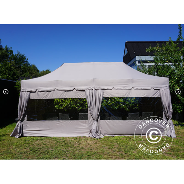 Flextents PRO 4x8m "Peaked" inkl. 6st sidor &amp; 6st dekorativa hrngardiner, Latte