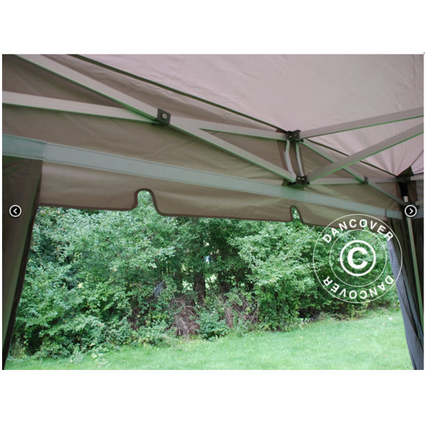 Flextents PRO 4x8m "Peaked" inkl. 6st sidor &amp; 6st dekorativa hrngardiner, Latte