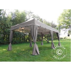 Flextents PRO 4x8m "Peaked" inkl. 6st sidor &amp; 6st dekorativa hrngardiner, Latte