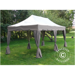 Flextents PRO 4x8m "Peaked" inkl. 6st sidor &amp; 6st dekorativa hrngardiner, Latte