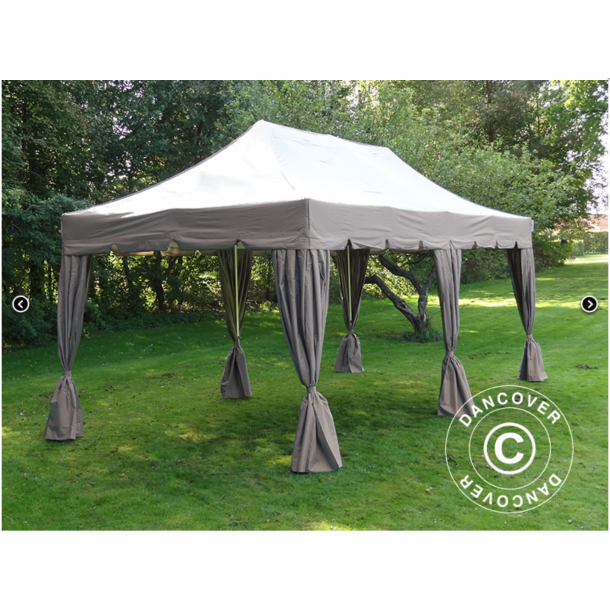 Flextents PRO 4x8m "Peaked" inkl. 6st sidor &amp; 6st dekorativa hrngardiner, Latte