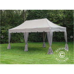 Flextents PRO 4x8m "Peaked" inkl. 6st sidor &amp; 6st dekorativa hrngardiner, Latte