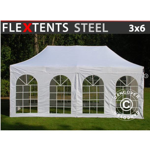FleXtents Steel 3x6m "Beskartlt," inkl 4st sidovggar och 1st skiljevgg, Vit